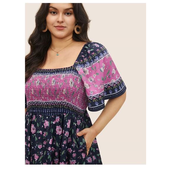 5X 28 Plus Size BloomChic Floral Patchwork Midi Dress Ruffle Sleeve Boho - Picture 2 of 6